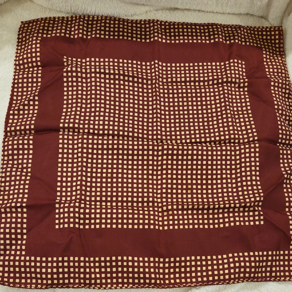 Men's Burgandy Check Pattern Pocket Square Scarf, Hand Stitch Hemmed 18x18"